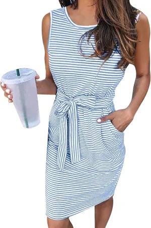 Summer Dresses for Women 2025 Casual Striped Sleeveless Tank Midi Dress Crewneck Tie Waist Beach Vacation Sundress