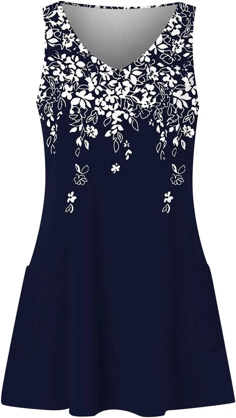 Summer Dresses for Women 2025 Casual V Neck Sleeveless Sundresses Hawaiian Plus Size Tank Dress with Pockets