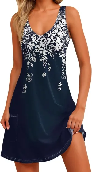 Summer Dresses for Women 2025 Casual V Neck Sleeveless Sundresses Hawaiian Plus Size Tank Dress with Pockets