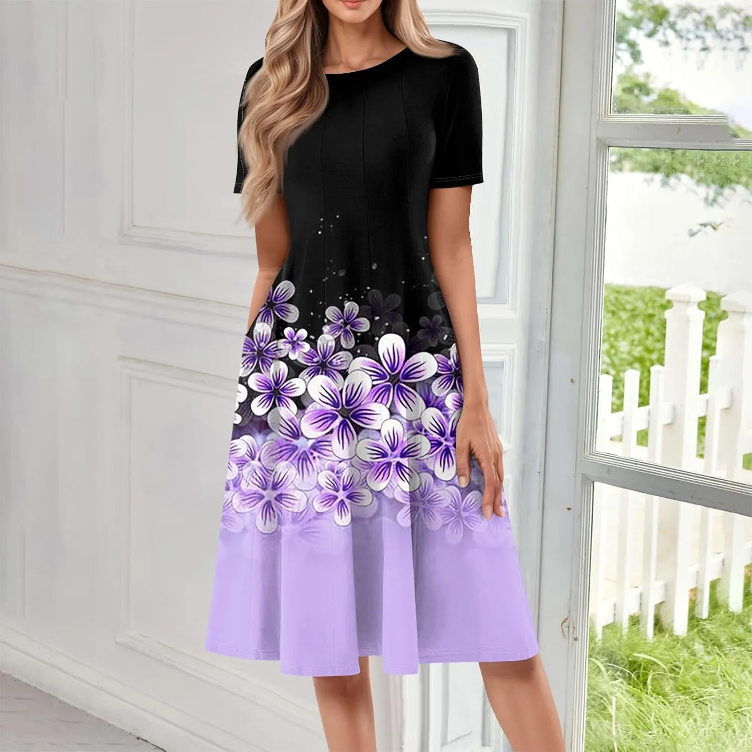 Summer Dresses for Women 2025 Crewneck Short Sleeve A Line Dress Side Pockets Empire Waist Midi Sun Dress Vacation
