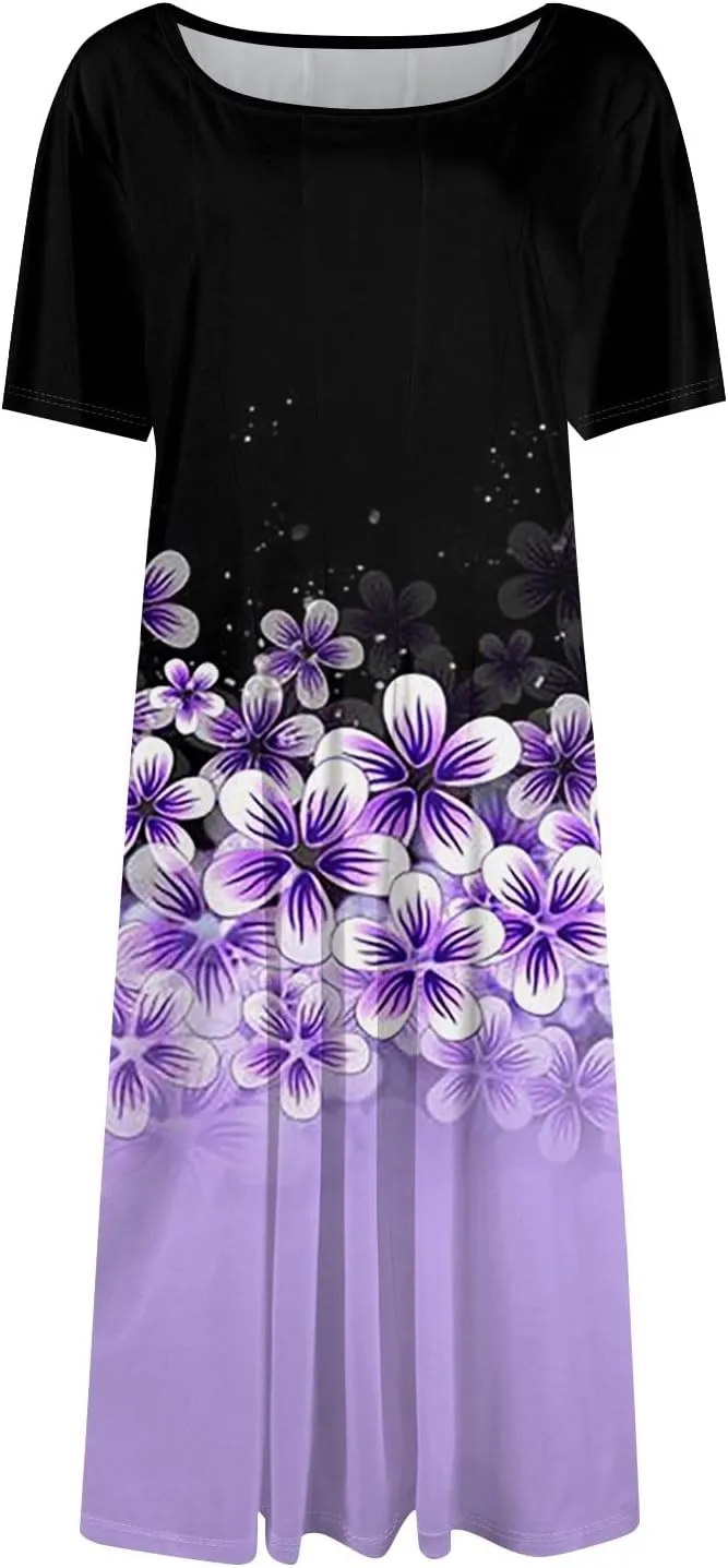 Summer Dresses for Women 2025 Crewneck Short Sleeve A Line Dress Side Pockets Empire Waist Midi Sun Dress Vacation