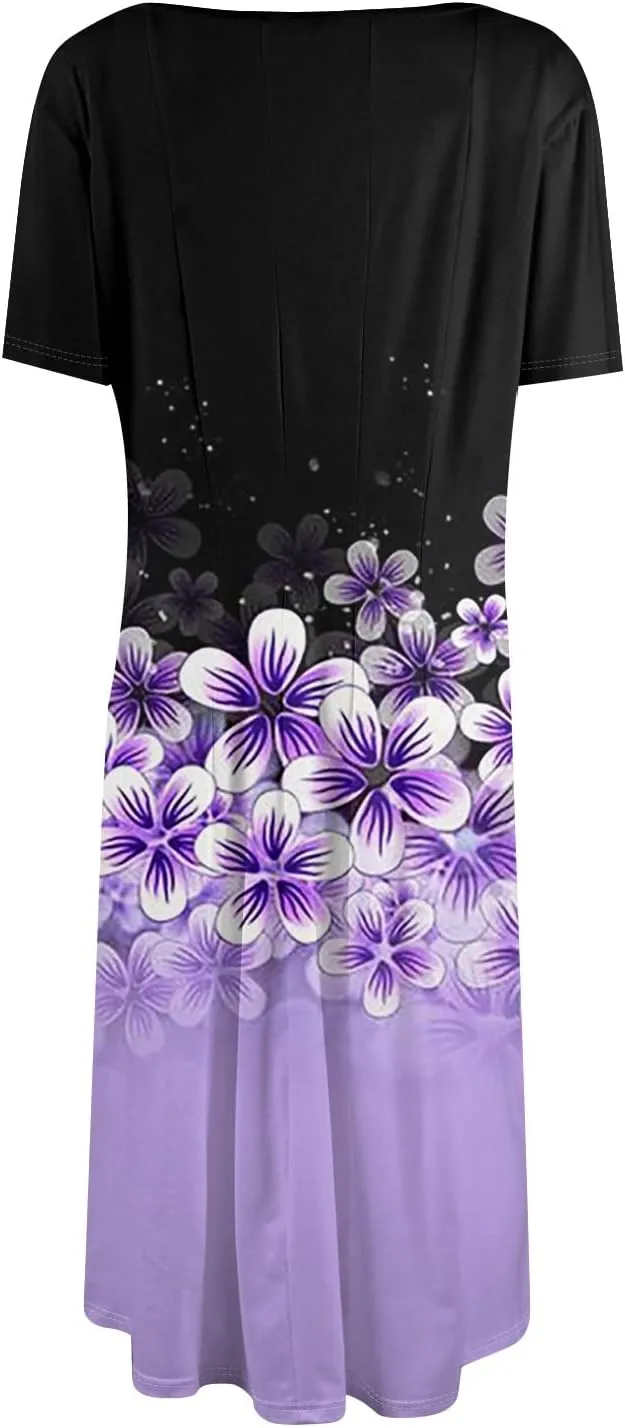 Summer Dresses for Women 2025 Crewneck Short Sleeve A Line Dress Side Pockets Empire Waist Midi Sun Dress Vacation