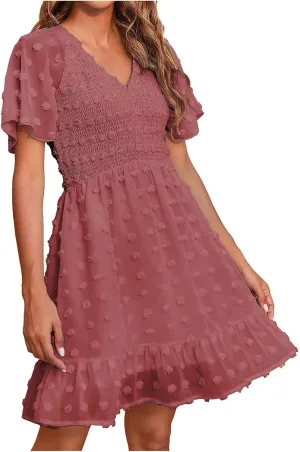Summer Dresses for Women 2025 Fashion Short Sleeve V Neck Ruffle Mini Dress Casual A Line Beach Vacation Sundress