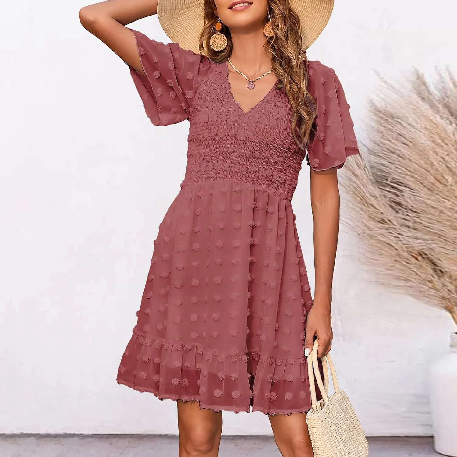Summer Dresses for Women 2025 Fashion Short Sleeve V Neck Ruffle Mini Dress Casual A Line Beach Vacation Sundress
