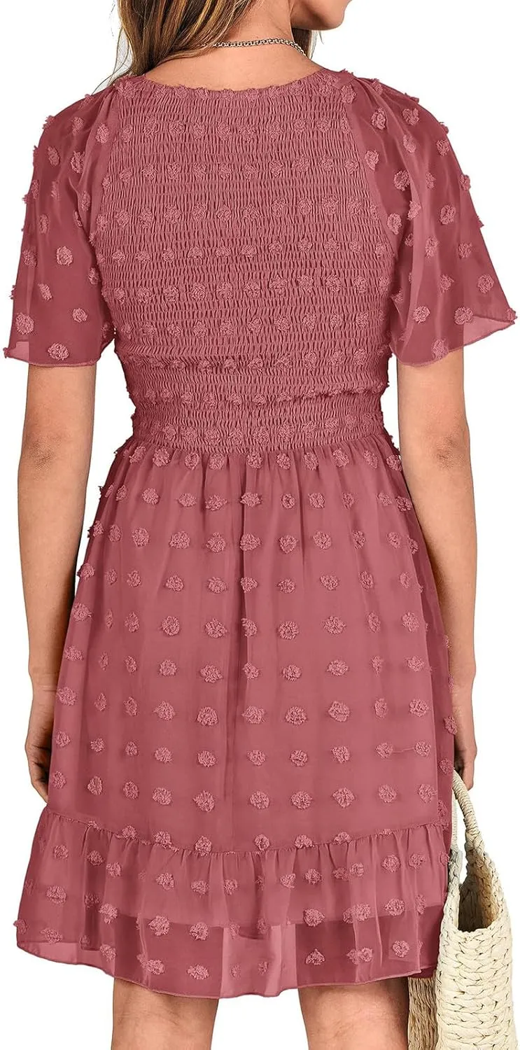 Summer Dresses for Women 2025 Fashion Short Sleeve V Neck Ruffle Mini Dress Casual A Line Beach Vacation Sundress