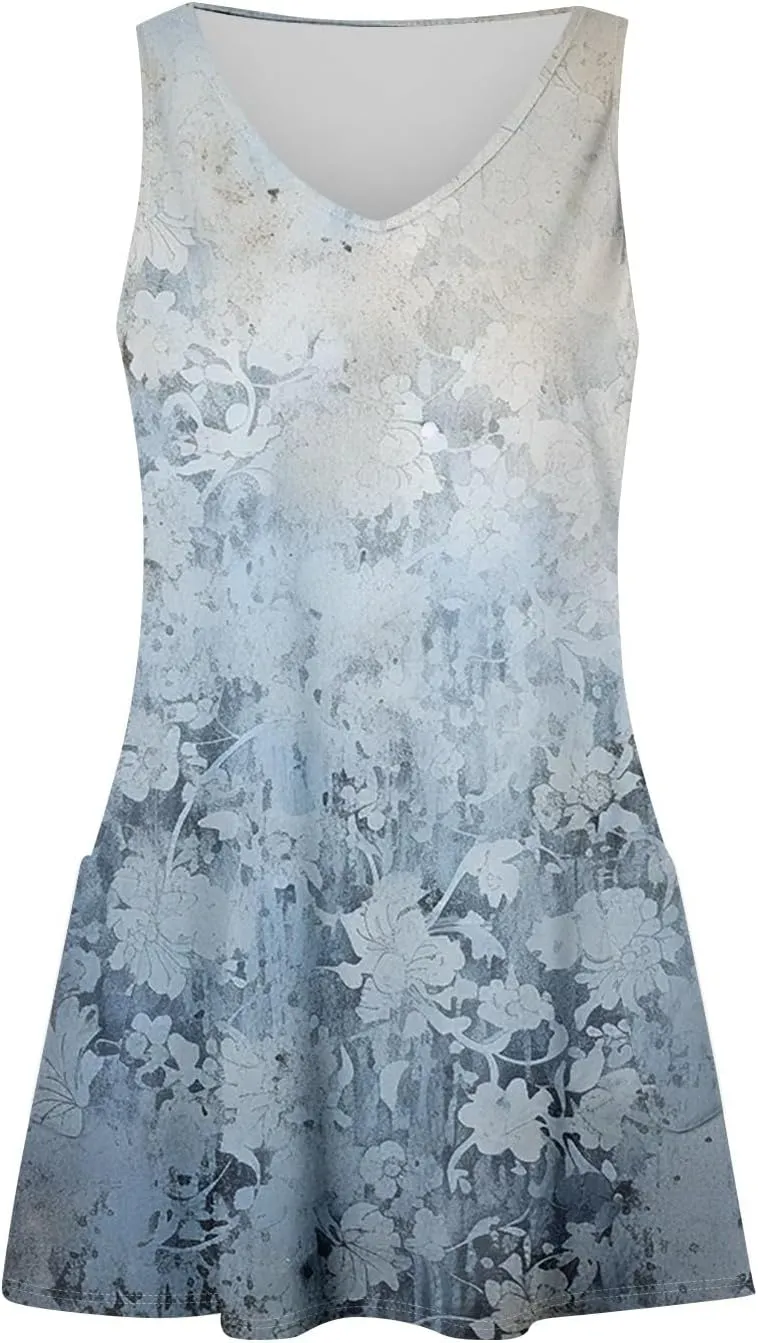 Summer Dresses for Women 2025 Floral Loose T Shirt Dresses V-Neck Boho Beach Tank Dress Casual Sleeveless Sundresses