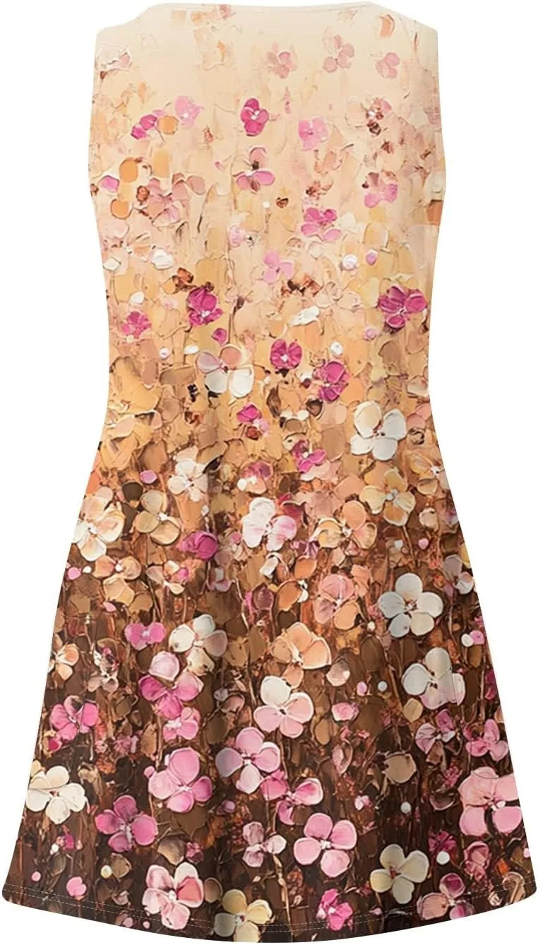 Summer Dresses for Women 2025 Floral Loose T Shirt Dresses V-Neck Boho Beach Tank Dress Casual Sleeveless Sundresses