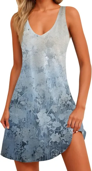Summer Dresses for Women 2025 Floral Loose T Shirt Dresses V-Neck Boho Beach Tank Dress Casual Sleeveless Sundresses