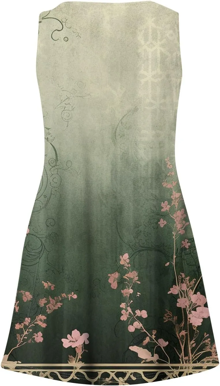 Summer Dresses for Women 2025 Floral Loose T Shirt Dresses V-Neck Boho Beach Tank Dress Casual Sleeveless Sundresses