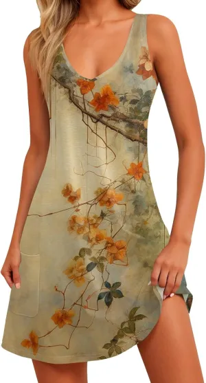 Summer Dresses for Women 2025 Floral Loose T Shirt Dresses V-Neck Boho Beach Tank Dress Casual Sleeveless Sundresses