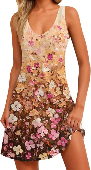 Summer Dresses for Women 2025 Floral Loose T Shirt Dresses V-Neck Boho Beach Tank Dress Casual Sleeveless Sundresses