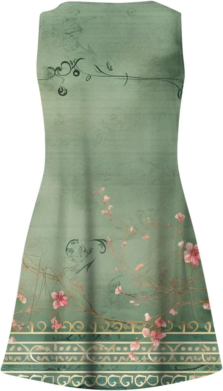 Summer Dresses for Women 2025 Floral Loose T Shirt Dresses V-Neck Boho Beach Tank Dress Casual Sleeveless Sundresses