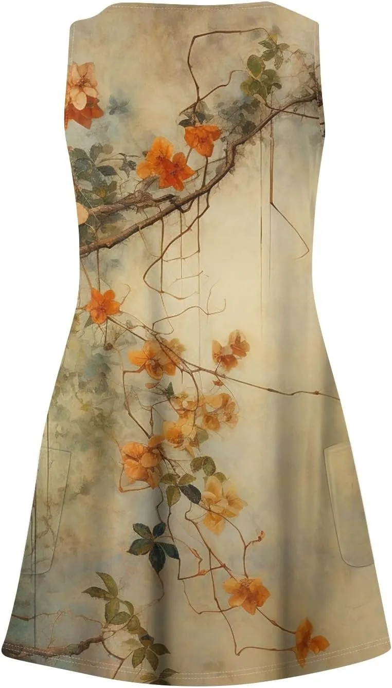 Summer Dresses for Women 2025 Floral Loose T Shirt Dresses V-Neck Boho Beach Tank Dress Casual Sleeveless Sundresses