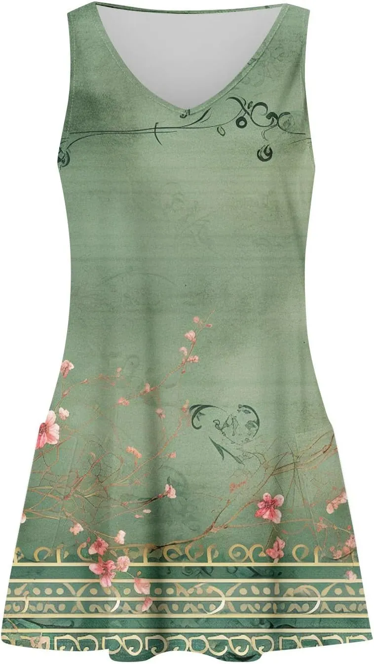 Summer Dresses for Women 2025 Floral Loose T Shirt Dresses V-Neck Boho Beach Tank Dress Casual Sleeveless Sundresses