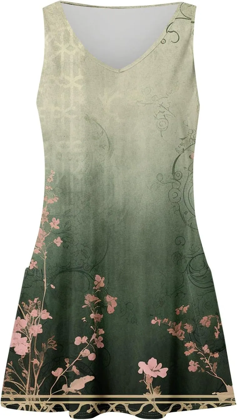 Summer Dresses for Women 2025 Floral Loose T Shirt Dresses V-Neck Boho Beach Tank Dress Casual Sleeveless Sundresses