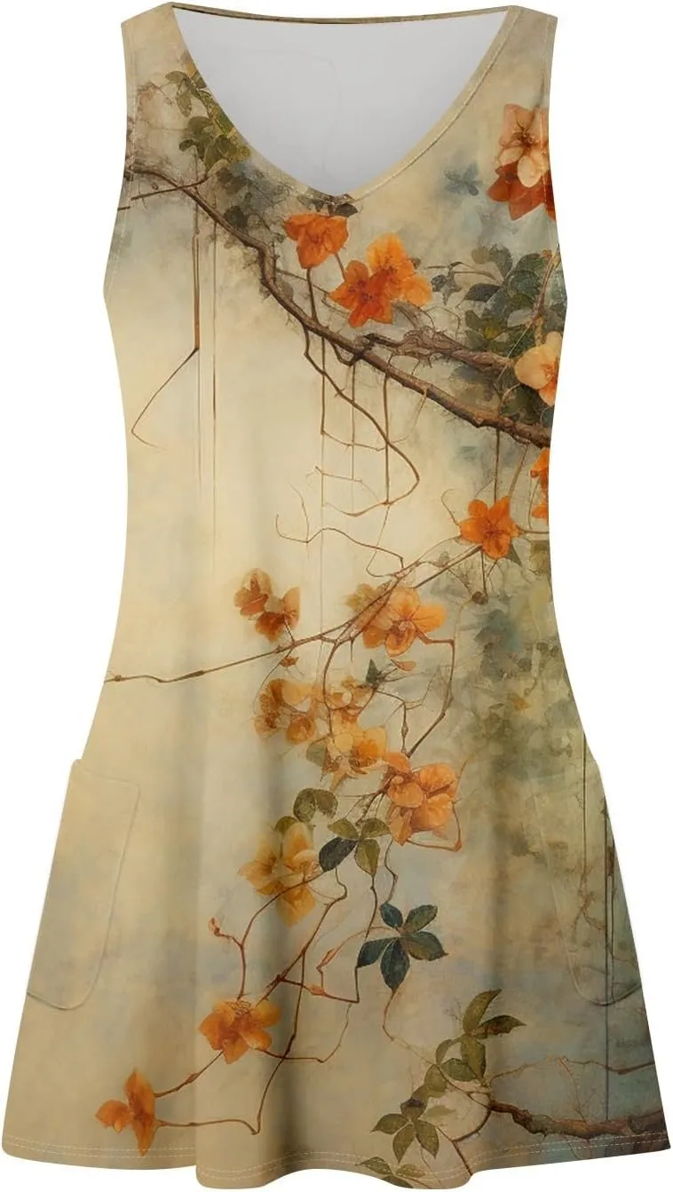 Summer Dresses for Women 2025 Floral Loose T Shirt Dresses V-Neck Boho Beach Tank Dress Casual Sleeveless Sundresses