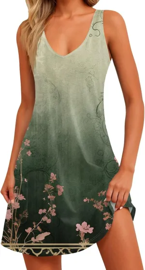 Summer Dresses for Women 2025 Floral Loose T Shirt Dresses V-Neck Boho Beach Tank Dress Casual Sleeveless Sundresses