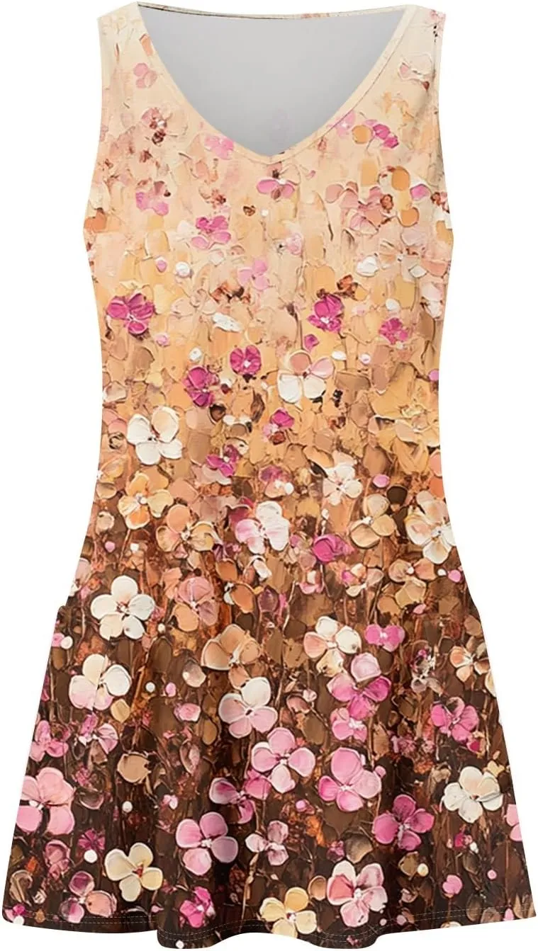 Summer Dresses for Women 2025 Floral Loose T Shirt Dresses V-Neck Boho Beach Tank Dress Casual Sleeveless Sundresses