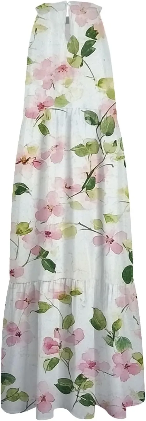 Summer Dresses for Women 2025 Floral Print Wedding Guest Dress Halter Neck Flowy Dress Boho Beach Midi Sundresses