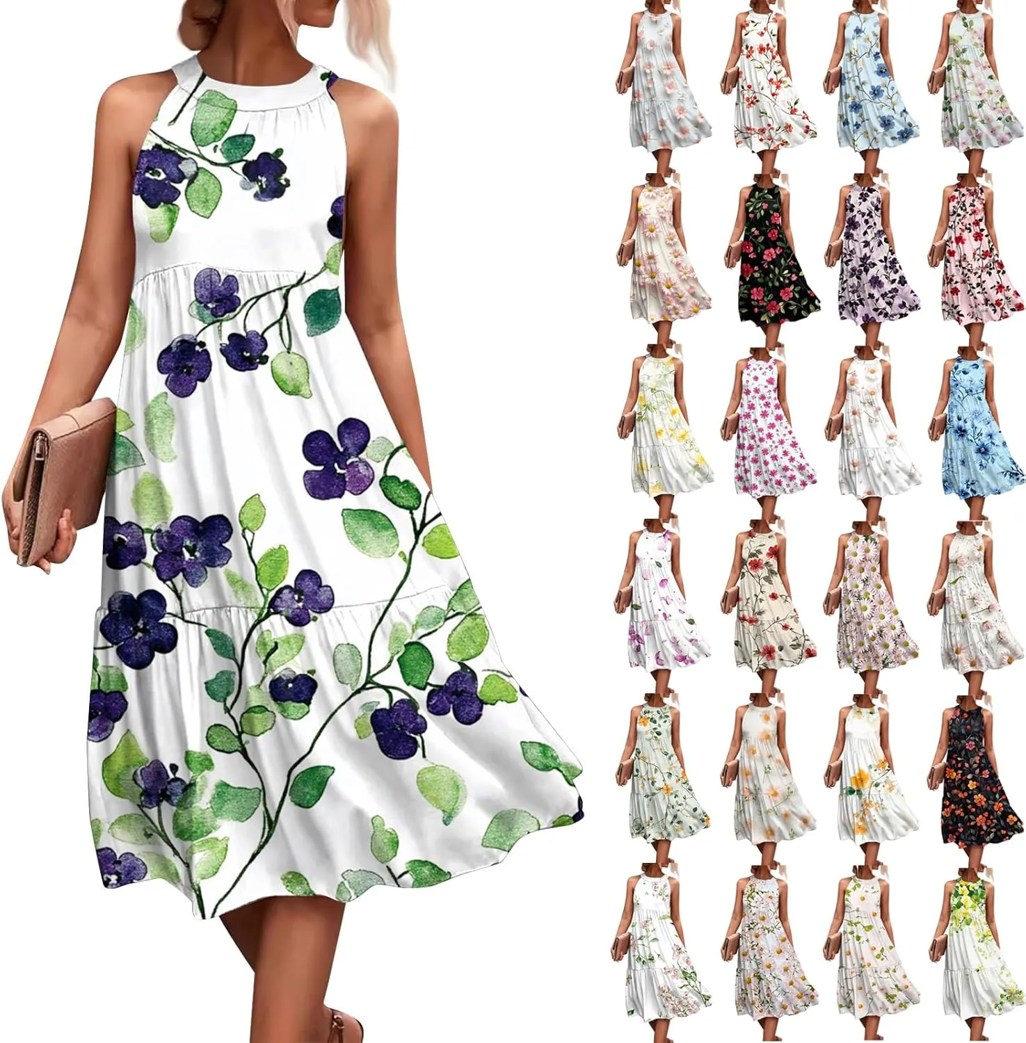 Summer Dresses for Women 2025 Floral Print Wedding Guest Dress Halter Neck Flowy Dress Boho Beach Midi Sundresses
