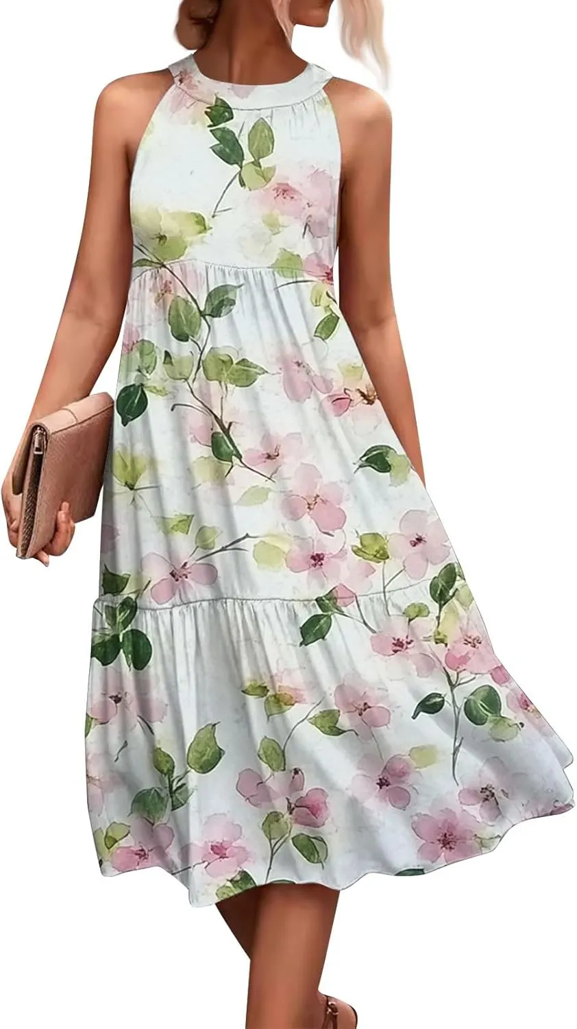 Summer Dresses for Women 2025 Floral Print Wedding Guest Dress Halter Neck Flowy Dress Boho Beach Midi Sundresses