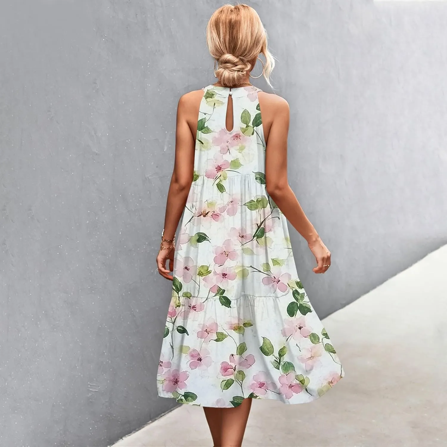 Summer Dresses for Women 2025 Floral Print Wedding Guest Dress Halter Neck Flowy Dress Boho Beach Midi Sundresses