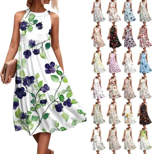 Summer Dresses for Women 2025 Floral Print Wedding Guest Dress Halter Neck Flowy Dress Boho Beach Midi Sundresses