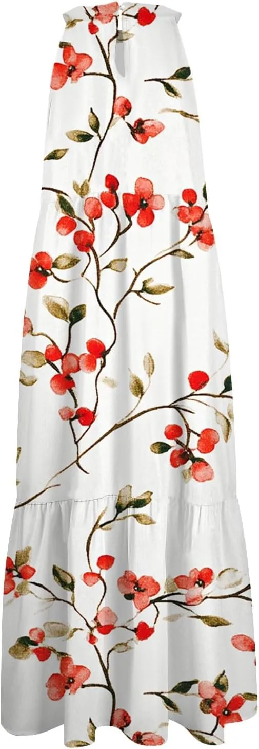 Summer Dresses for Women 2025 Floral Print Wedding Guest Dress Halter Neck Flowy Dress Boho Beach Midi Sundresses