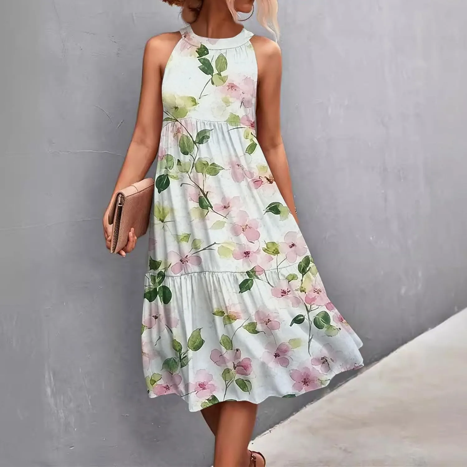 Summer Dresses for Women 2025 Floral Print Wedding Guest Dress Halter Neck Flowy Dress Boho Beach Midi Sundresses