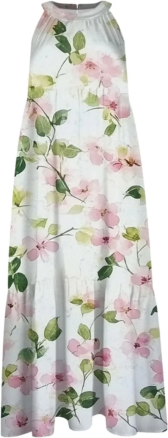 Summer Dresses for Women 2025 Floral Print Wedding Guest Dress Halter Neck Flowy Dress Boho Beach Midi Sundresses