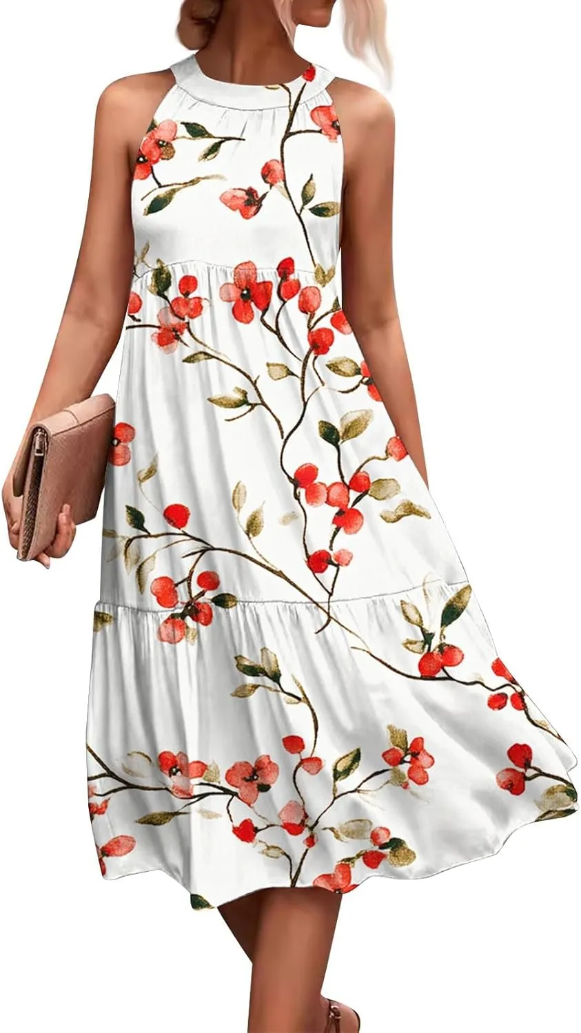 Summer Dresses for Women 2025 Floral Print Wedding Guest Dress Halter Neck Flowy Dress Boho Beach Midi Sundresses