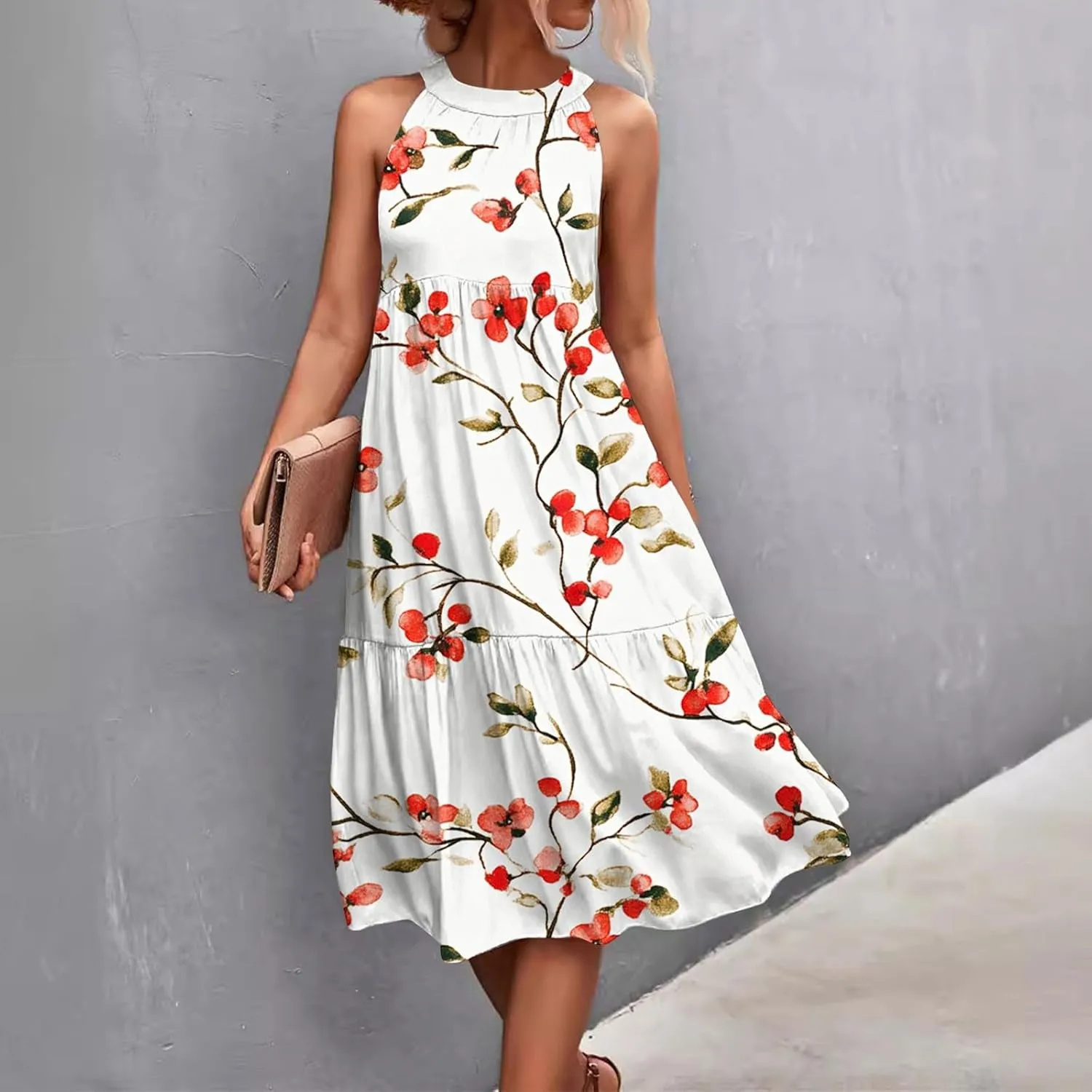 Summer Dresses for Women 2025 Floral Print Wedding Guest Dress Halter Neck Flowy Dress Boho Beach Midi Sundresses