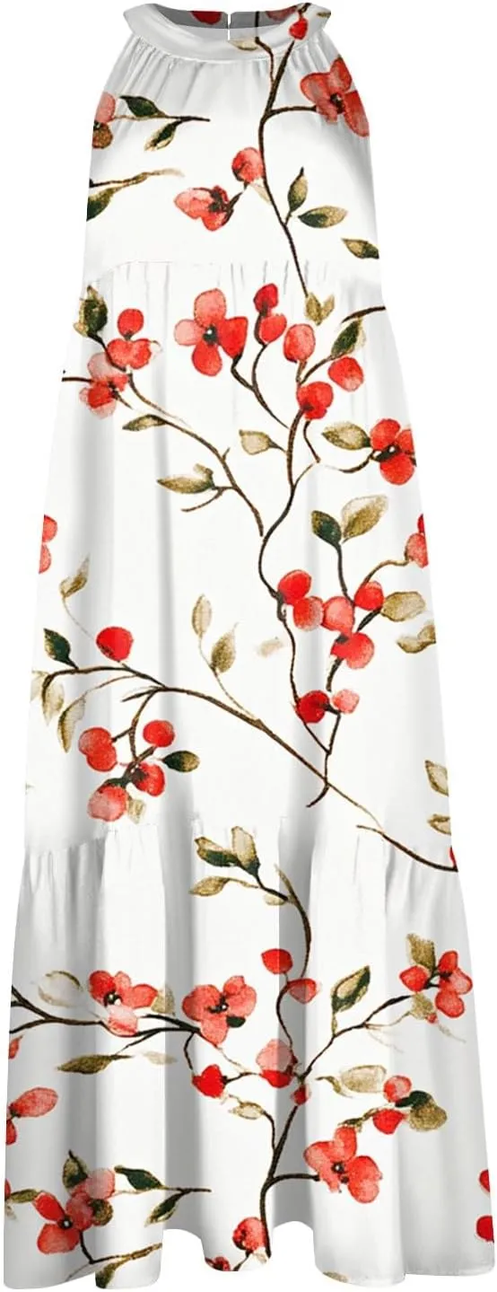 Summer Dresses for Women 2025 Floral Print Wedding Guest Dress Halter Neck Flowy Dress Boho Beach Midi Sundresses