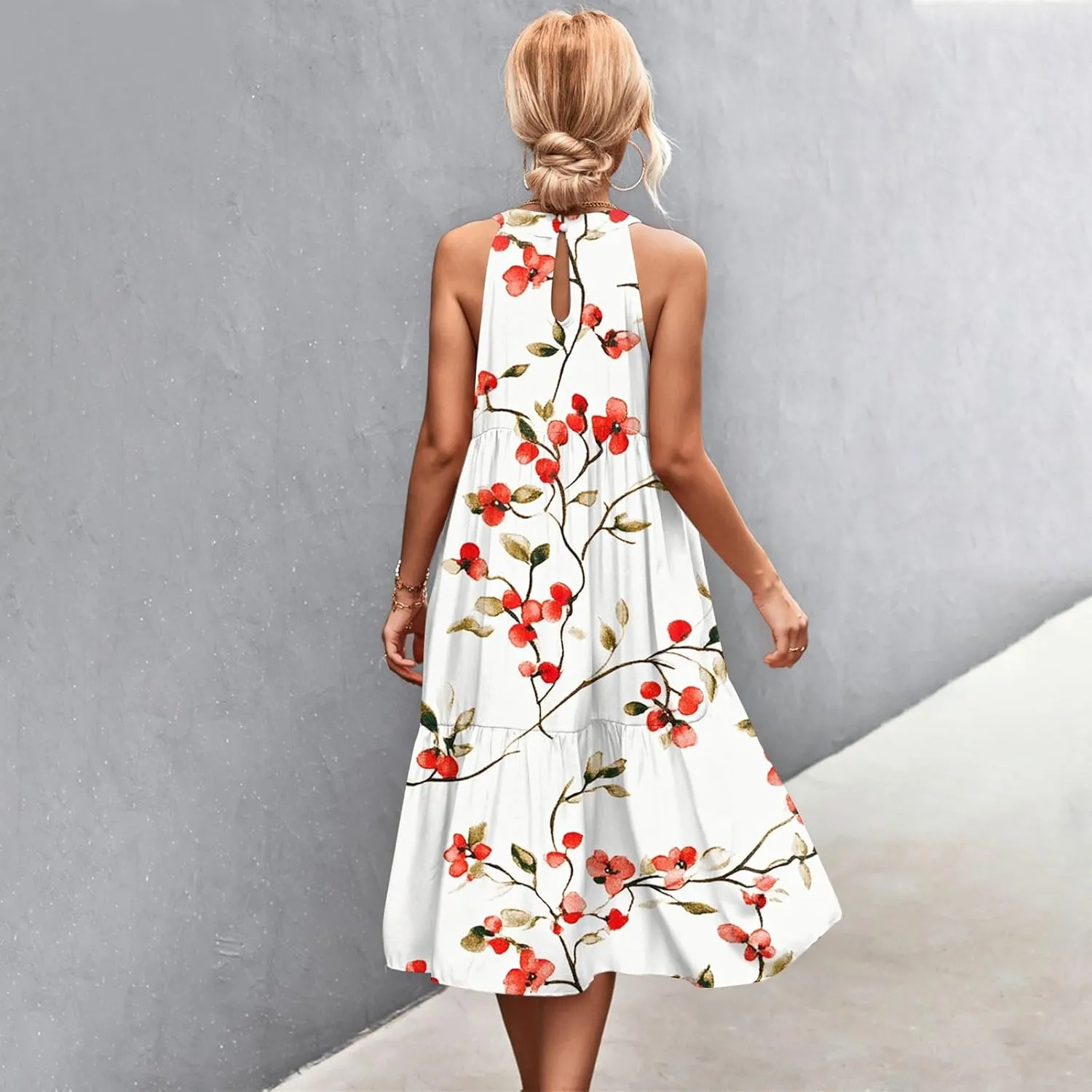 Summer Dresses for Women 2025 Floral Print Wedding Guest Dress Halter Neck Flowy Dress Boho Beach Midi Sundresses