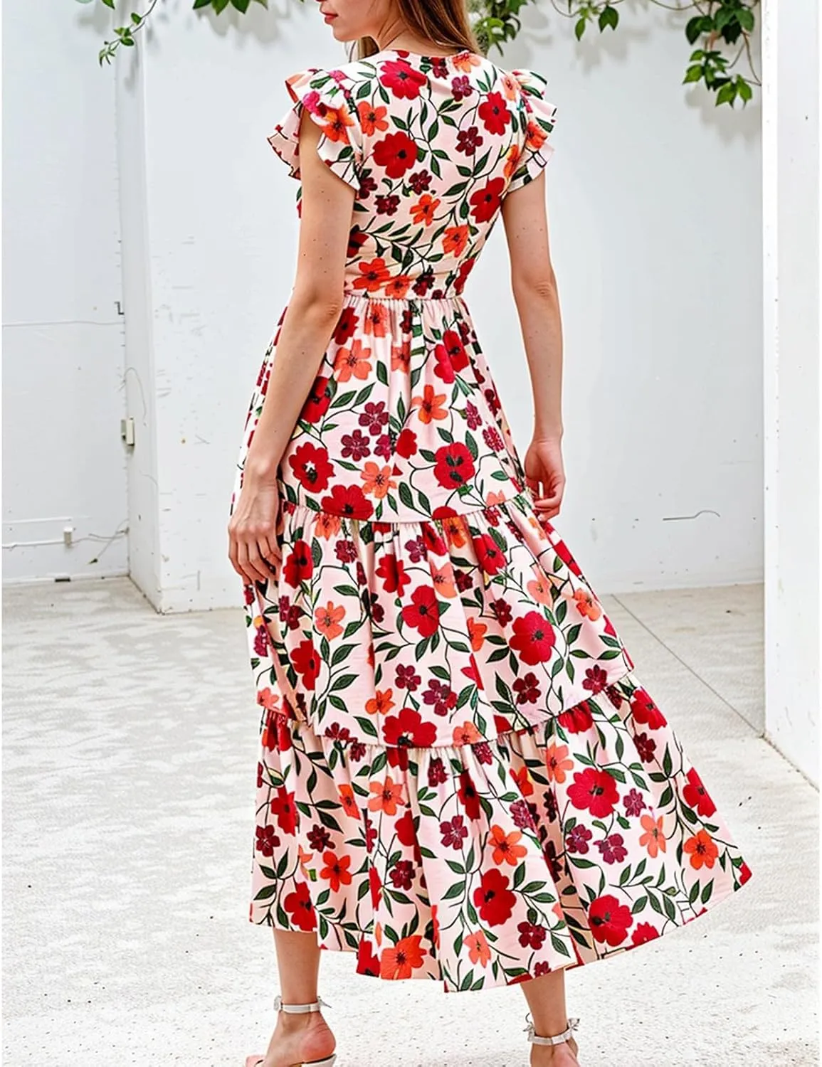 Summer Dresses for Women 2025 Floral Wedding Guest Maxi Dresses V Neck Cap Sleeve Tiered Beach Tea Party Dress