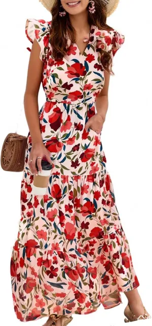 Summer Dresses for Women 2025 Floral Wedding Guest Maxi Dresses V Neck Cap Sleeve Tiered Beach Tea Party Dress