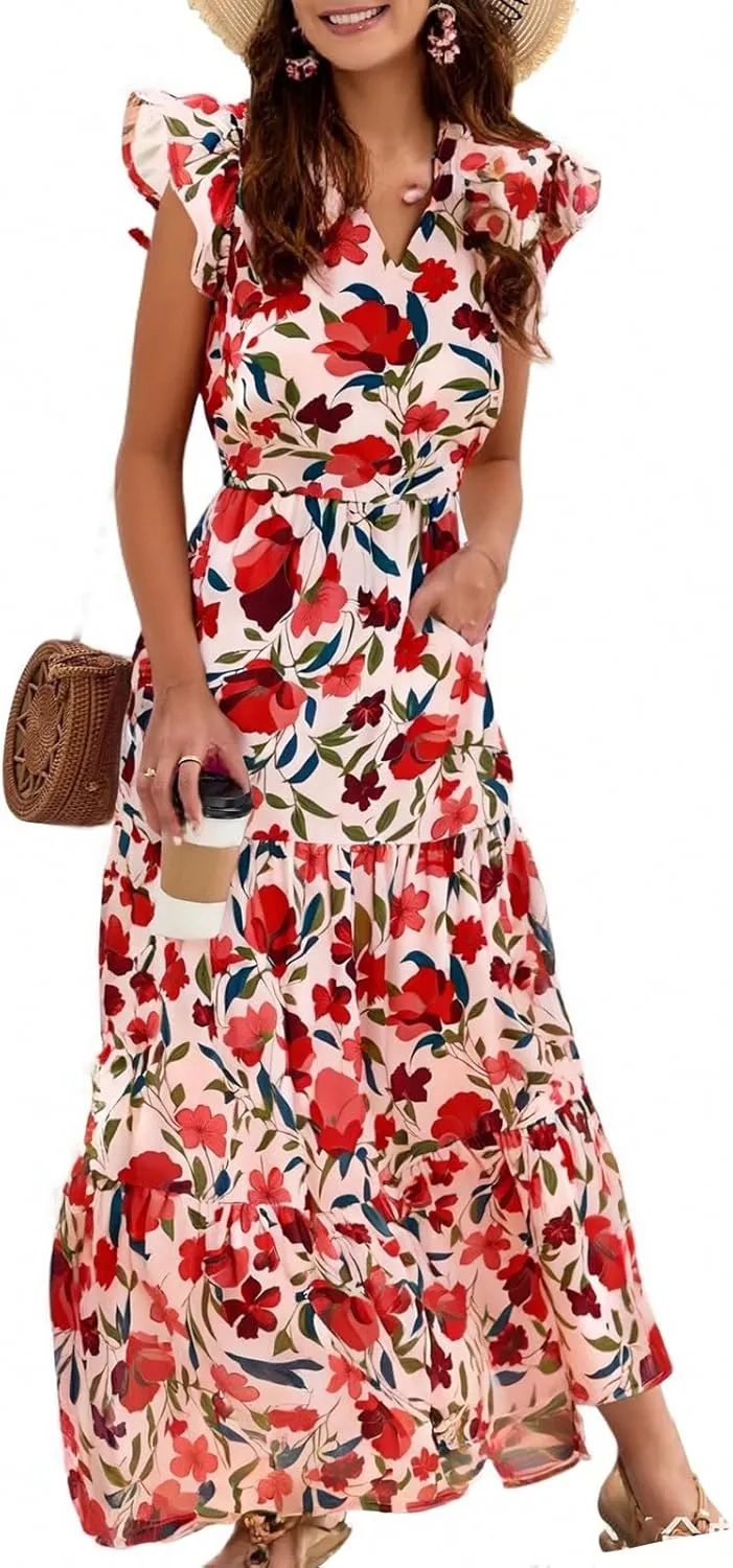 Summer Dresses for Women 2025 Floral Wedding Guest Maxi Dresses V Neck Cap Sleeve Tiered Beach Tea Party Dress
