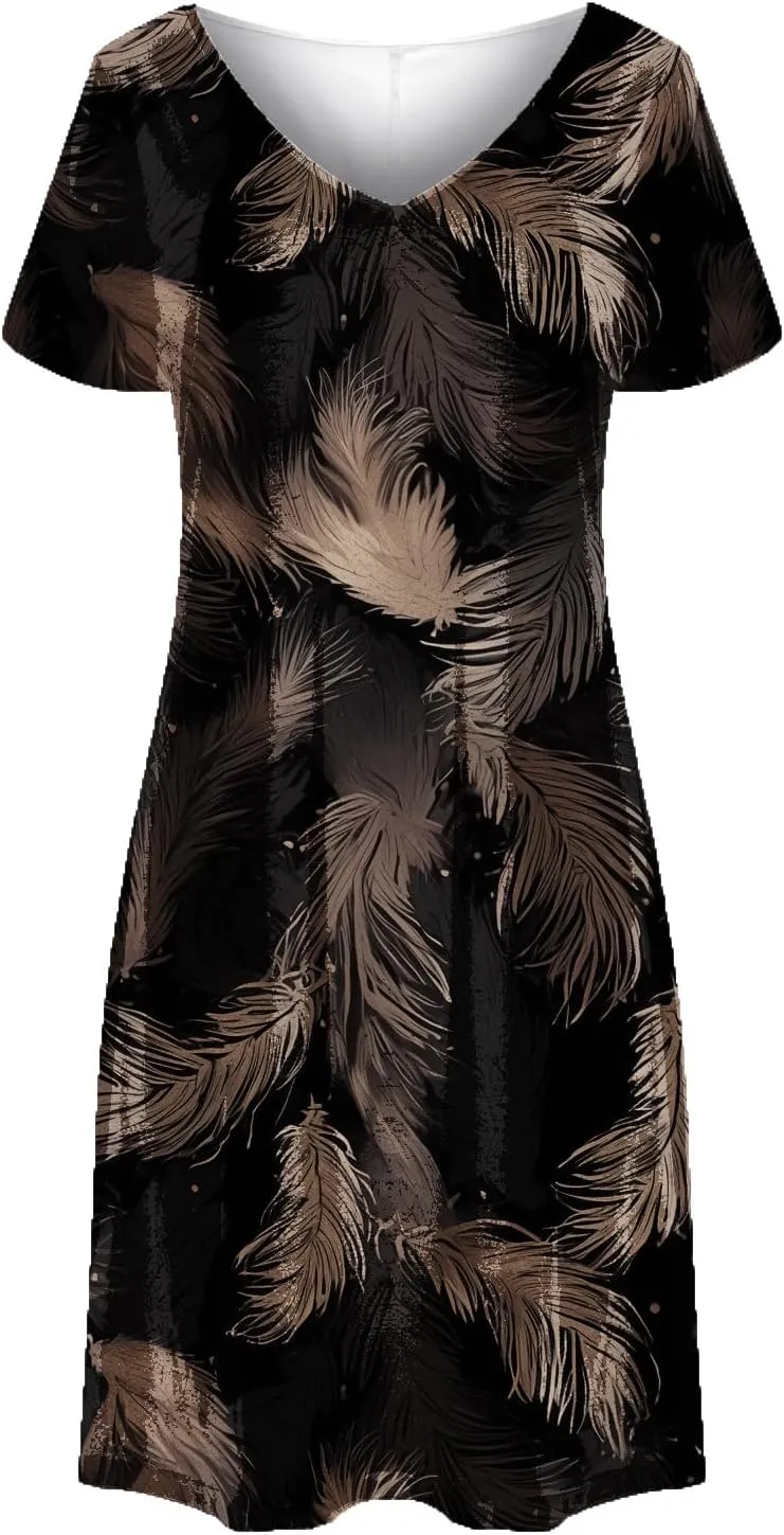 Summer Dresses for Women 2025 Loose V Neck Short Sleeve Casual T Shirt Dress Sundresses Floral Swimsuit Coverup