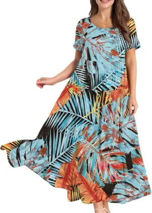 Summer Dresses for Women 2025 Short Sleeve Long Maxi Casual Loose Bohemian Floral Dresses;Womens Fashion