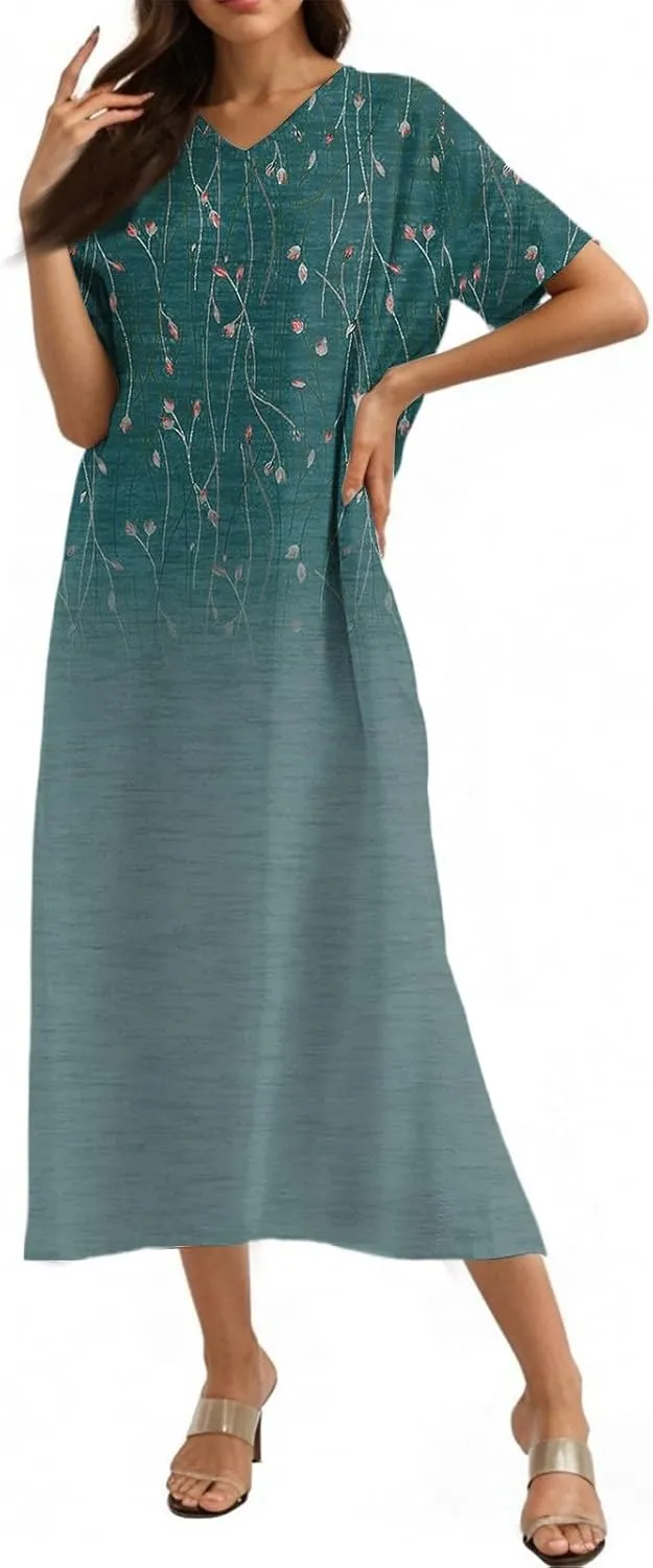 Summer Dresses for Women 2025 Short Sleeve V Neck Casual Loose Dresses Bohemian Floral Print Sundress