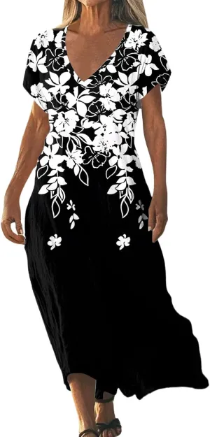 Summer Dresses for Women 2025 Short Sleeve V Neck Casual Loose Dresses Bohemian Floral Print Sundress