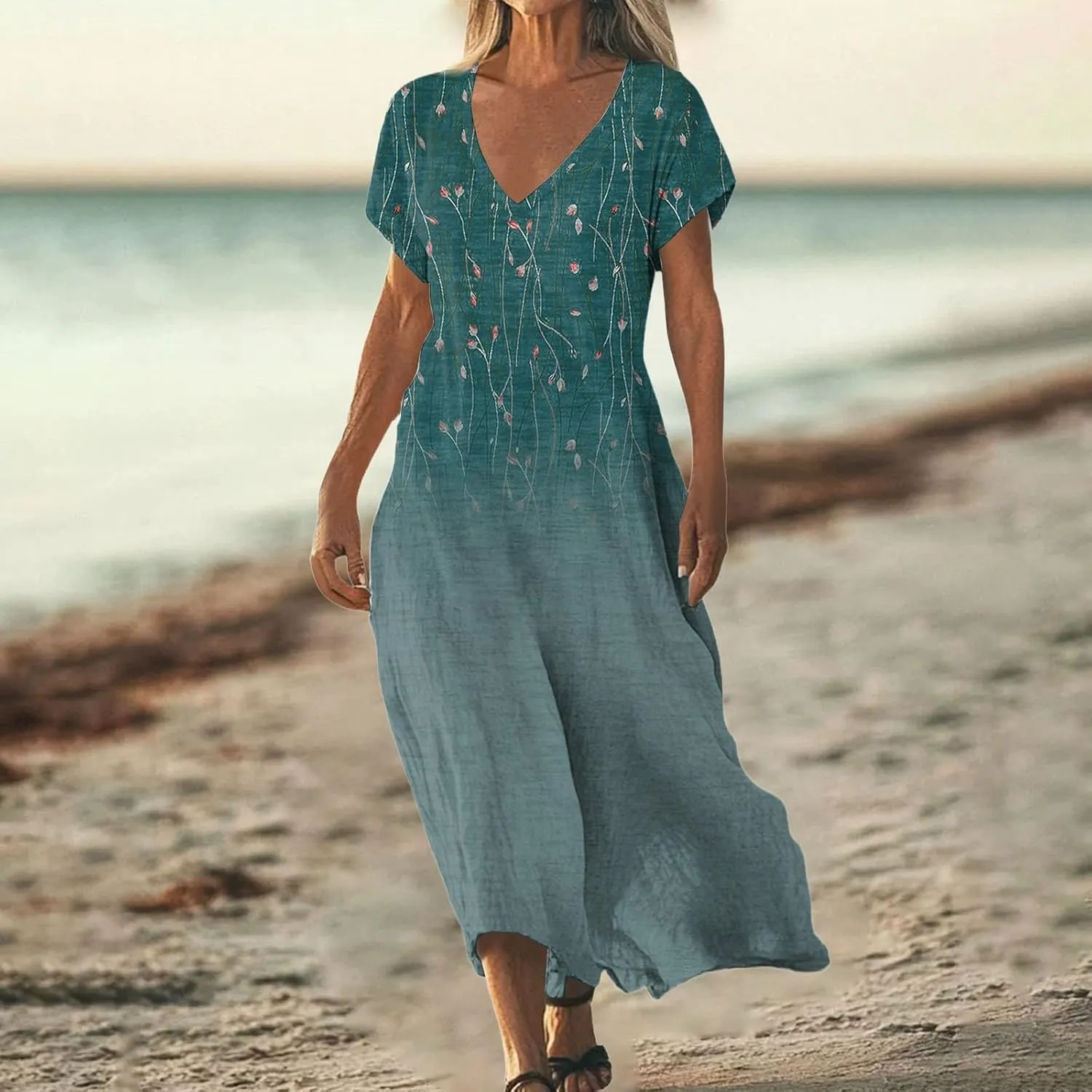 Summer Dresses for Women 2025 Short Sleeve V Neck Casual Loose Dresses Bohemian Floral Print Sundress