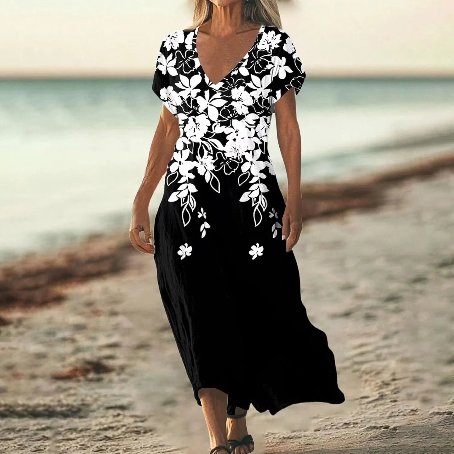 Summer Dresses for Women 2025 Short Sleeve V Neck Casual Loose Dresses Bohemian Floral Print Sundress