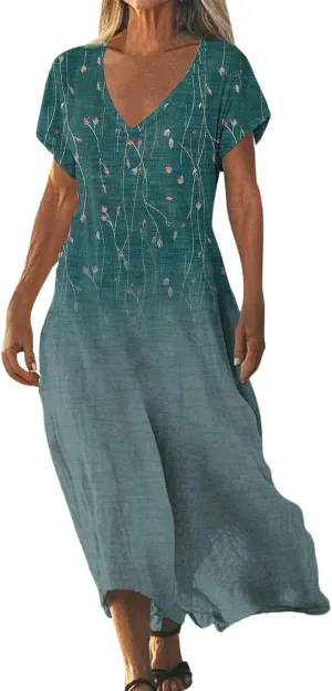 Summer Dresses for Women 2025 Short Sleeve V Neck Casual Loose Dresses Bohemian Floral Print Sundress