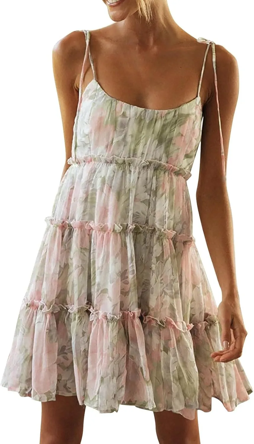 Summer Dresses for Women 2025 Sleeveless Spaghetti Strap Floral Mini Dress Chiffon Tiered Ruffle Smocked Boho Dress