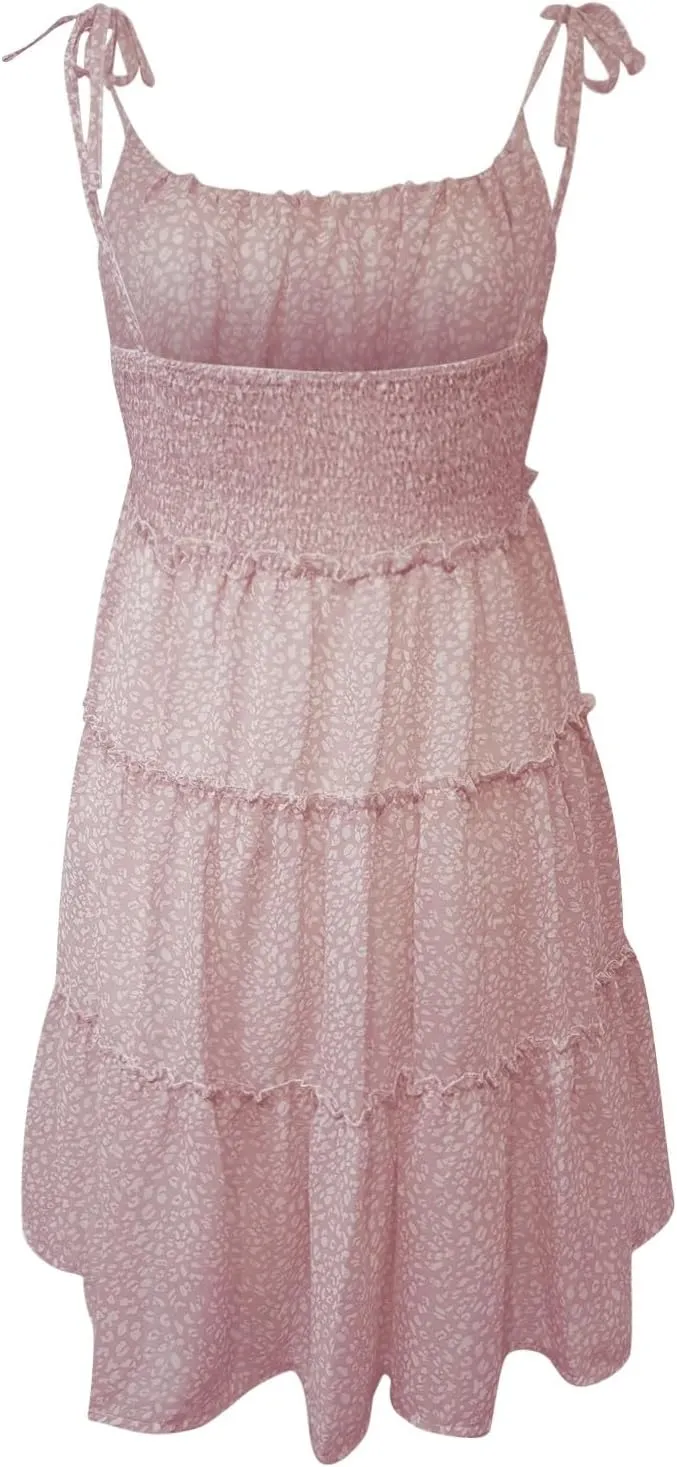 Summer Dresses for Women 2025 Sleeveless Spaghetti Strap Floral Mini Dress Chiffon Tiered Ruffle Smocked Boho Dress