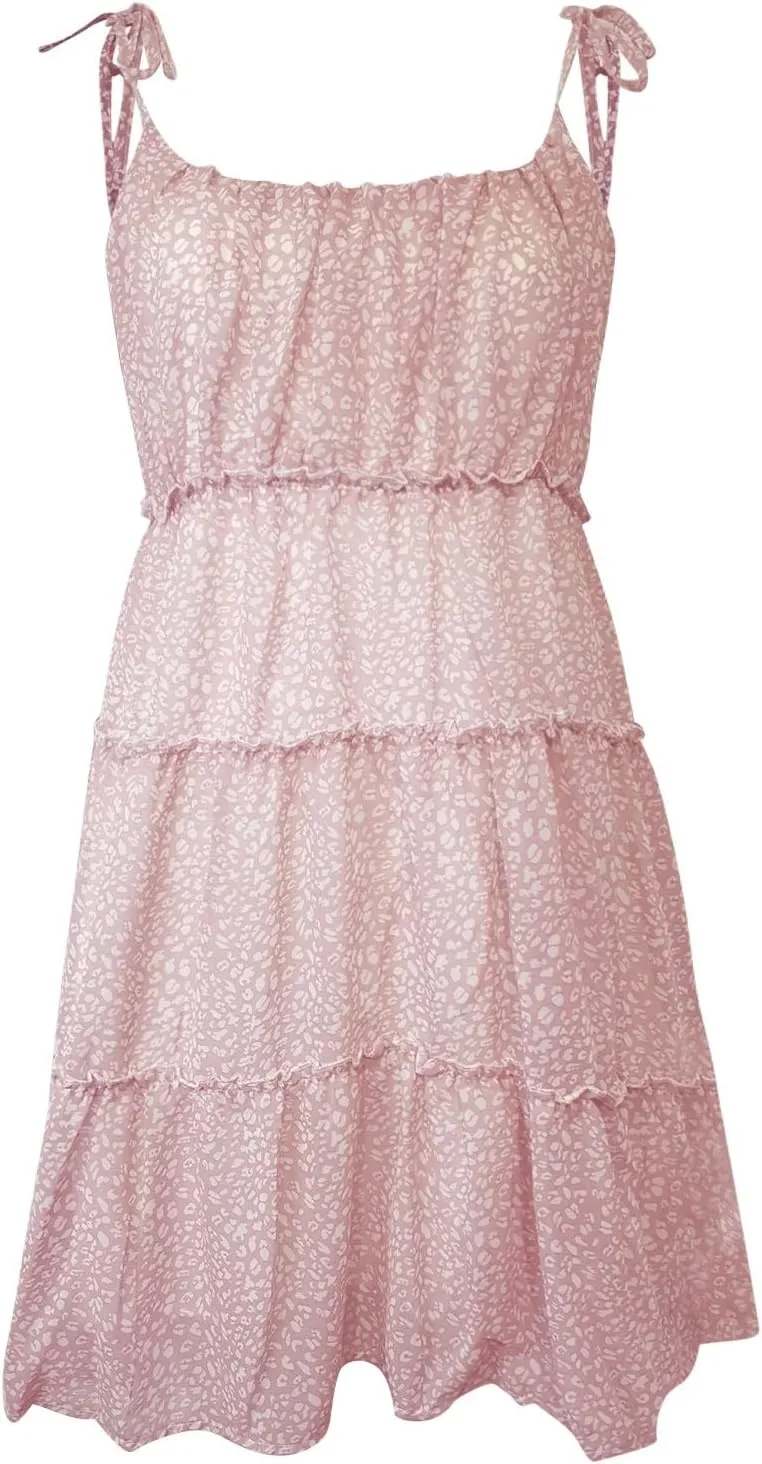 Summer Dresses for Women 2025 Sleeveless Spaghetti Strap Floral Mini Dress Chiffon Tiered Ruffle Smocked Boho Dress
