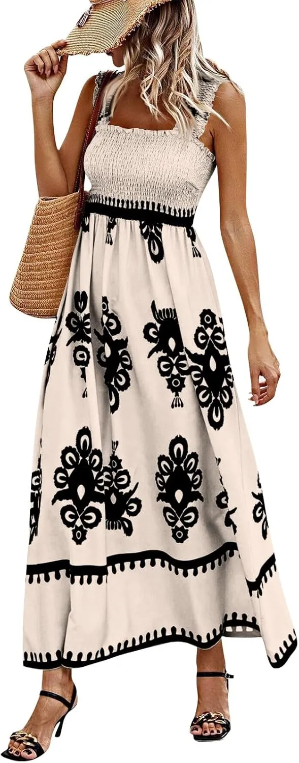 Summer Dresses for Women 2025 Sleeveless Square Neck Smocked Maxi Dress Flowy A Line Floral Midi Dress Boho Sundress