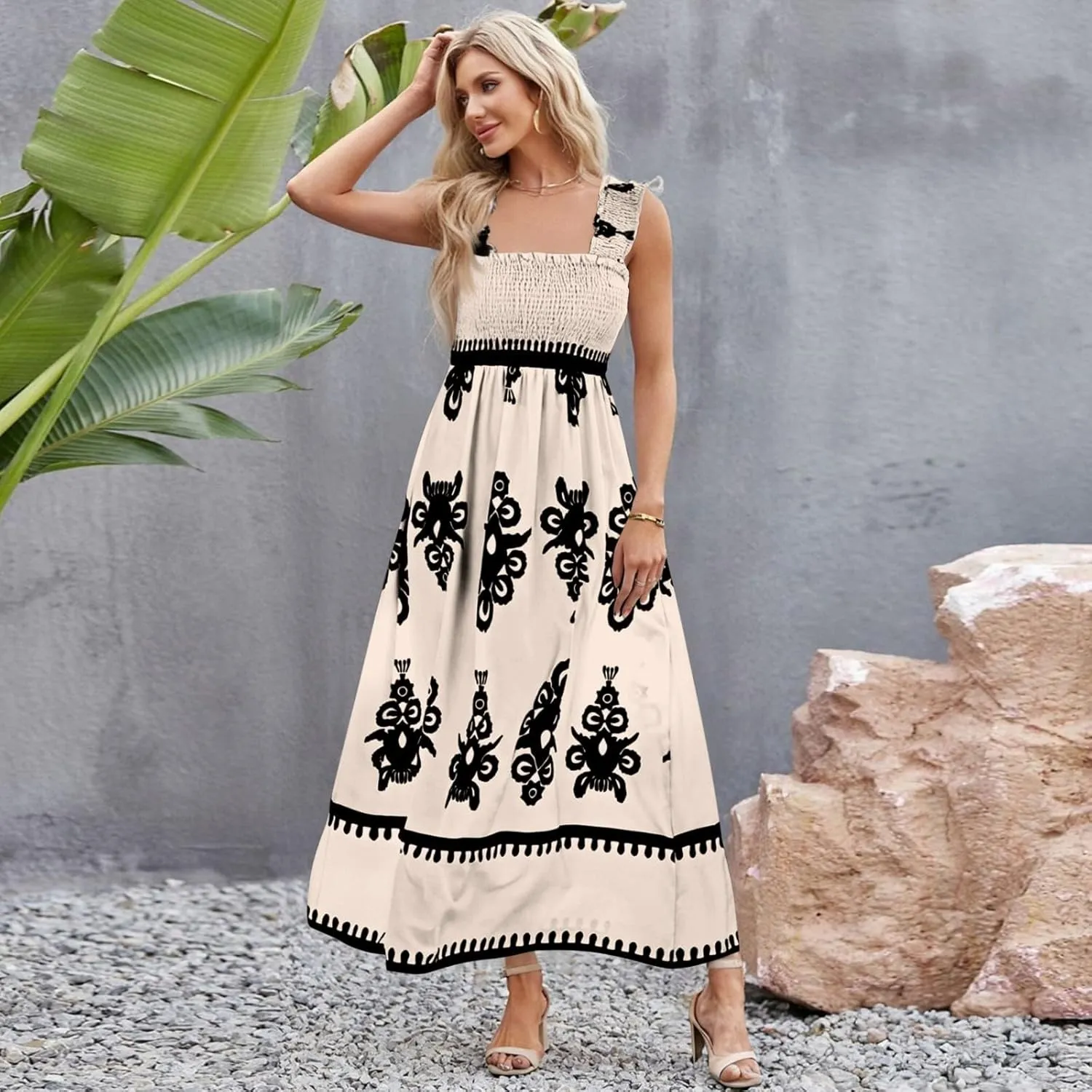 Summer Dresses for Women 2025 Sleeveless Square Neck Smocked Maxi Dress Flowy A Line Floral Midi Dress Boho Sundress