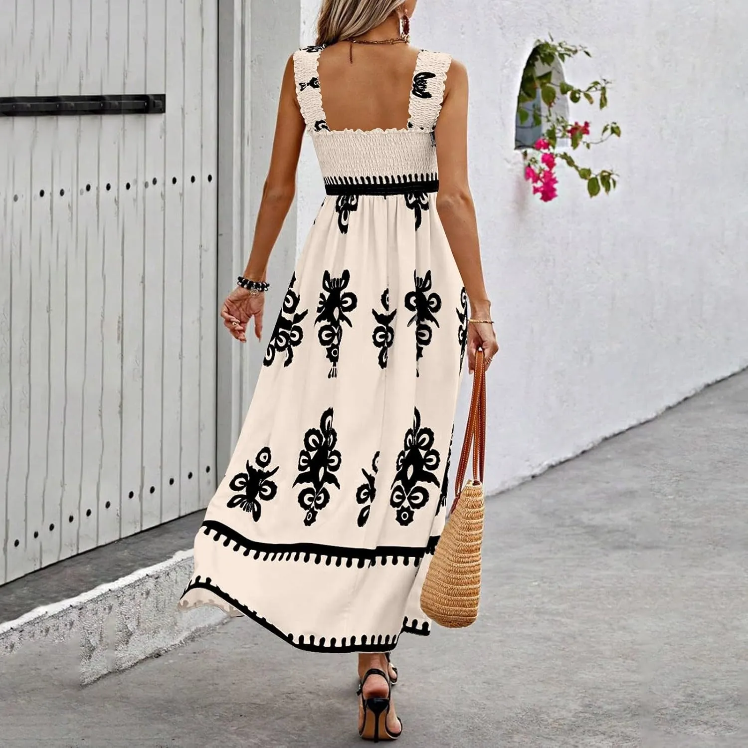 Summer Dresses for Women 2025 Sleeveless Square Neck Smocked Maxi Dress Flowy A Line Floral Midi Dress Boho Sundress
